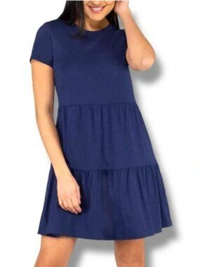 Casual Navy A-Line Tiered Short Sleeve Mini Dress with Crew Neck
